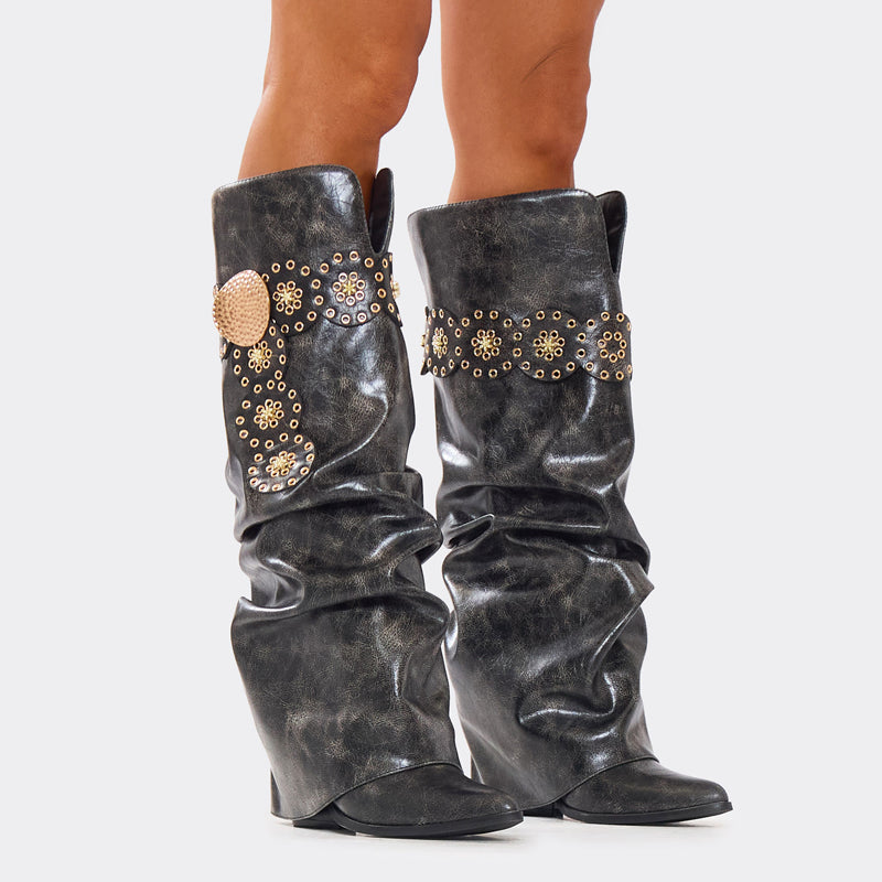 Faux Leather Belt Pointed Toe Boots
