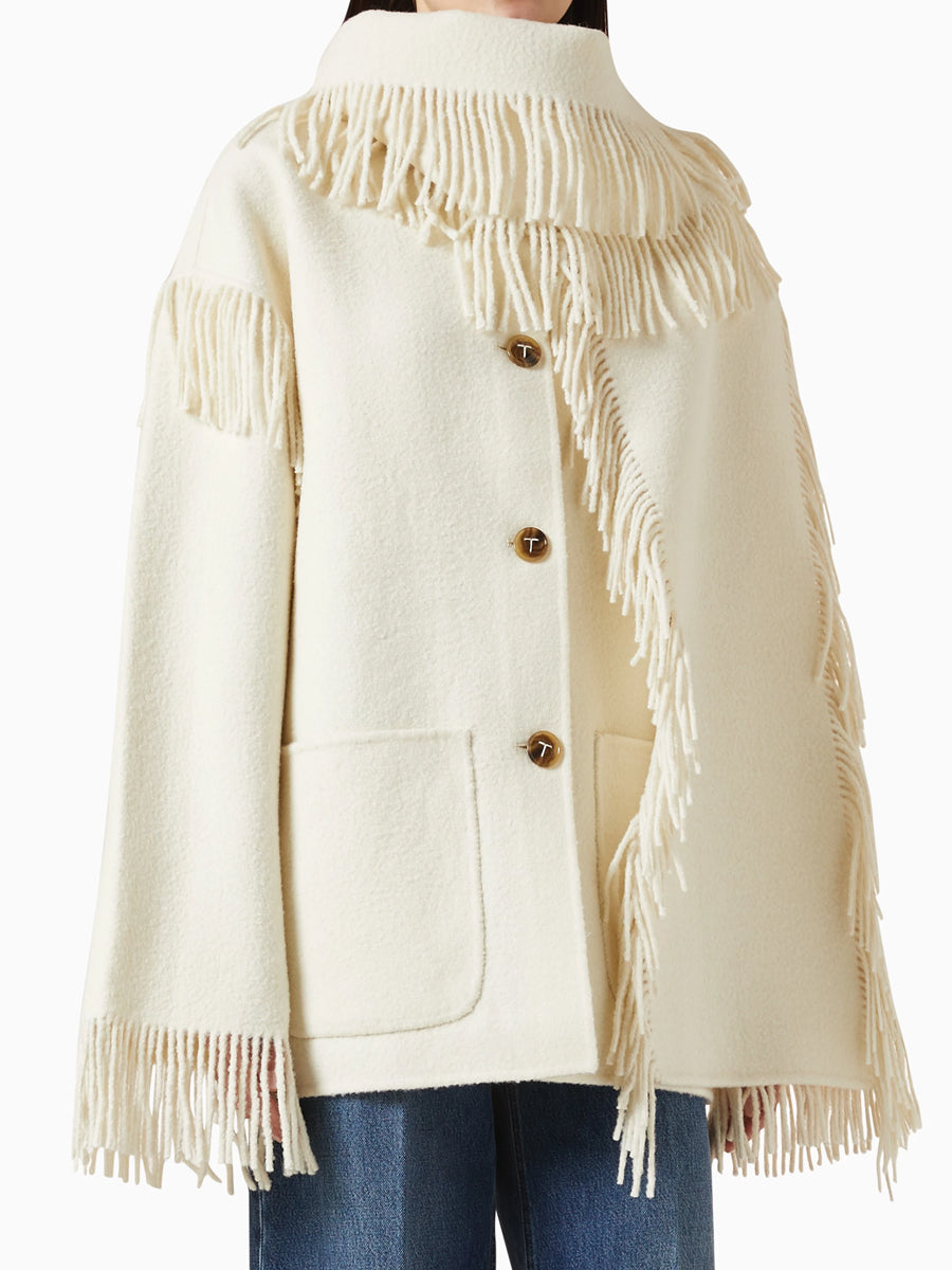 Fringed Trims High Neck Jacket With Attached Scarf