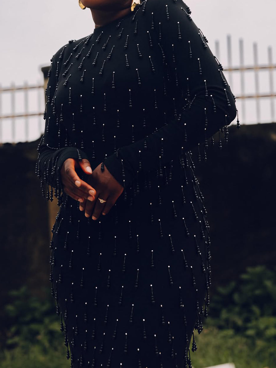 Beaded Fringed Long Sleeve Party Maxi Dress