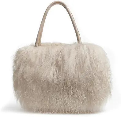 Women Luxury Real Lamb Mongolian Flush Wool Fur With Genuine Leather Handles Handbag