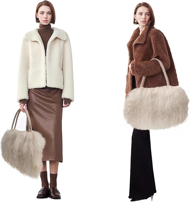 Women Luxury Real Lamb Mongolian Flush Wool Fur With Genuine Leather Handles Handbag
