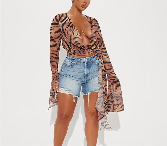 Plunging Neckline Top Tiger Print Bell Long Sleeve
