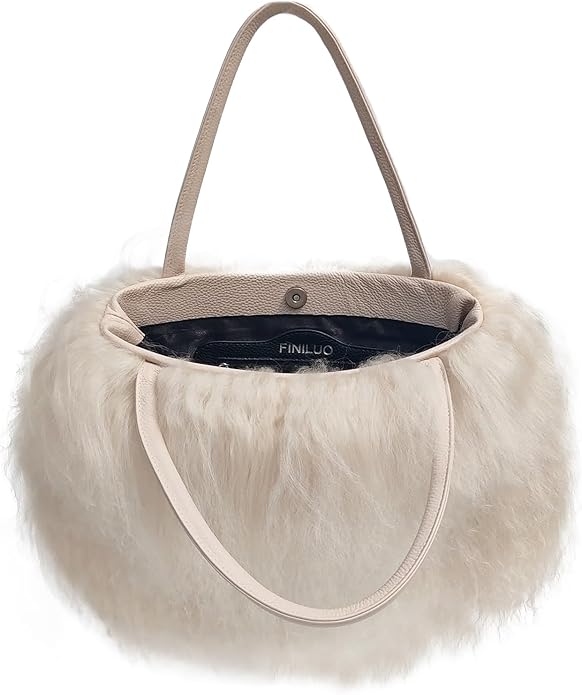 Women Luxury Real Lamb Mongolian Flush Wool Fur With Genuine Leather Handles Handbag