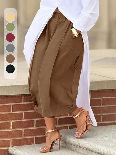 Casual Wine Red Wide Leg Pants With Elastic Waist And Pockets