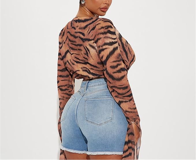 Plunging Neckline Top Tiger Print Bell Long Sleeve
