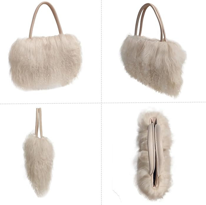 Women Luxury Real Lamb Mongolian Flush Wool Fur With Genuine Leather Handles Handbag