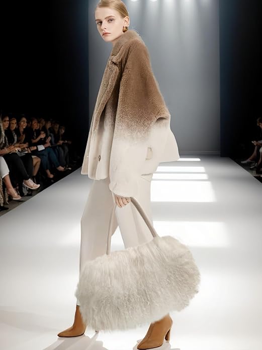 Women Luxury Real Lamb Mongolian Flush Wool Fur With Genuine Leather Handles Handbag