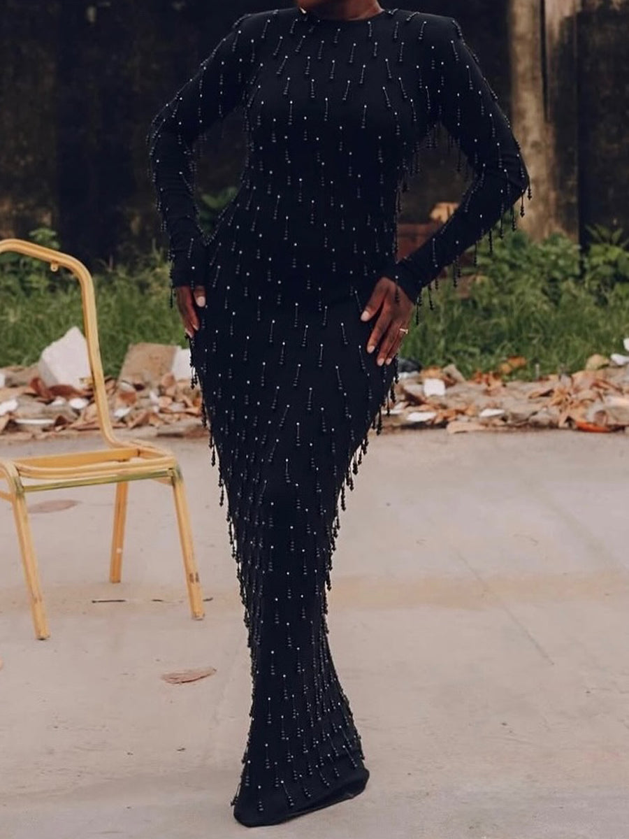 Beaded Fringed Long Sleeve Party Maxi Dress