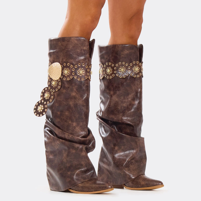 Faux Leather Belt Pointed Toe Boots