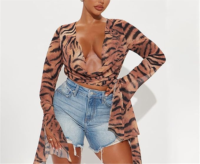 Plunging Neckline Top Tiger Print Bell Long Sleeve