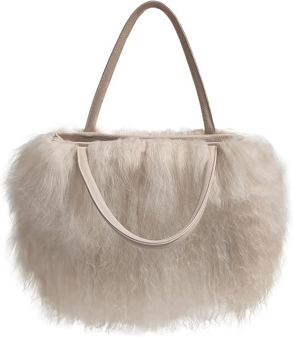 Women Luxury Real Lamb Mongolian Flush Wool Fur With Genuine Leather Handles Handbag