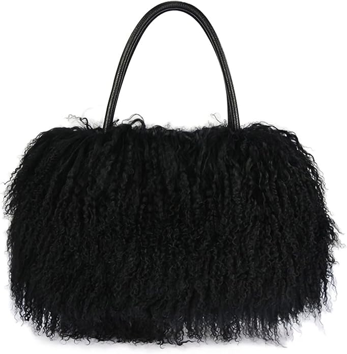 Women Luxury Real Lamb Mongolian Flush Wool Fur With Genuine Leather Handles Handbag