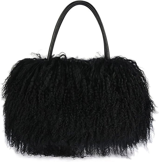 Women Luxury Real Lamb Mongolian Flush Wool Fur With Genuine Leather Handles Handbag