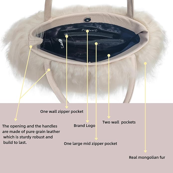 Women Luxury Real Lamb Mongolian Flush Wool Fur With Genuine Leather Handles Handbag