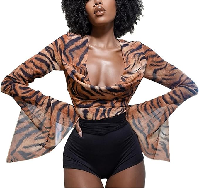 Plunging Neckline Top Tiger Print Bell Long Sleeve