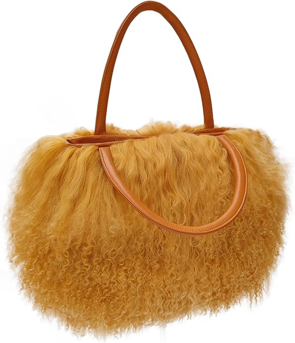 Women Luxury Real Lamb Mongolian Flush Wool Fur With Genuine Leather Handles Handbag
