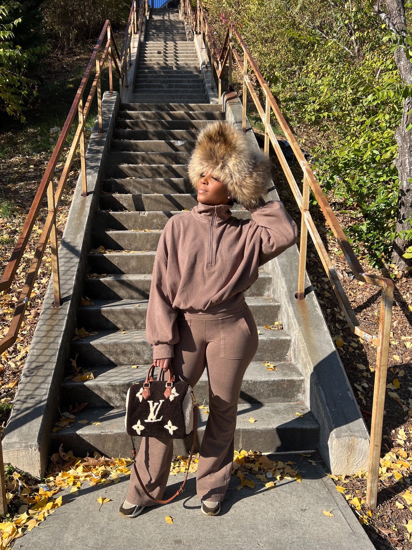 Brown Genuine Leather & Fox Fur Trapper Hat