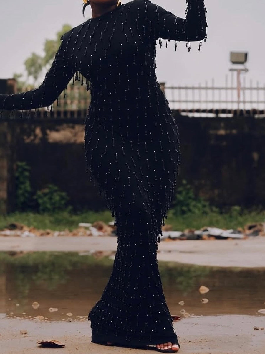 Beaded Fringed Long Sleeve Party Maxi Dress