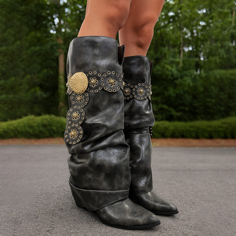 Faux Leather Belt Pointed Toe Boots