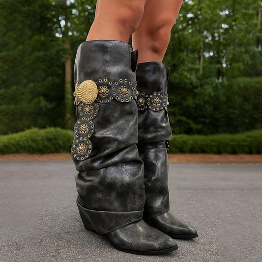 Faux Leather Belt Pointed Toe Boots