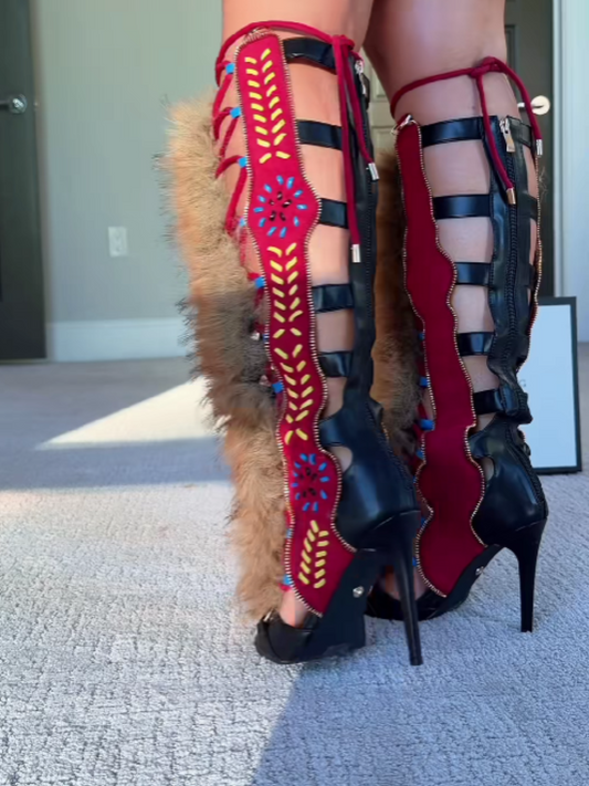 Black Stitched Suede Embroidered Faux Fur Pumps