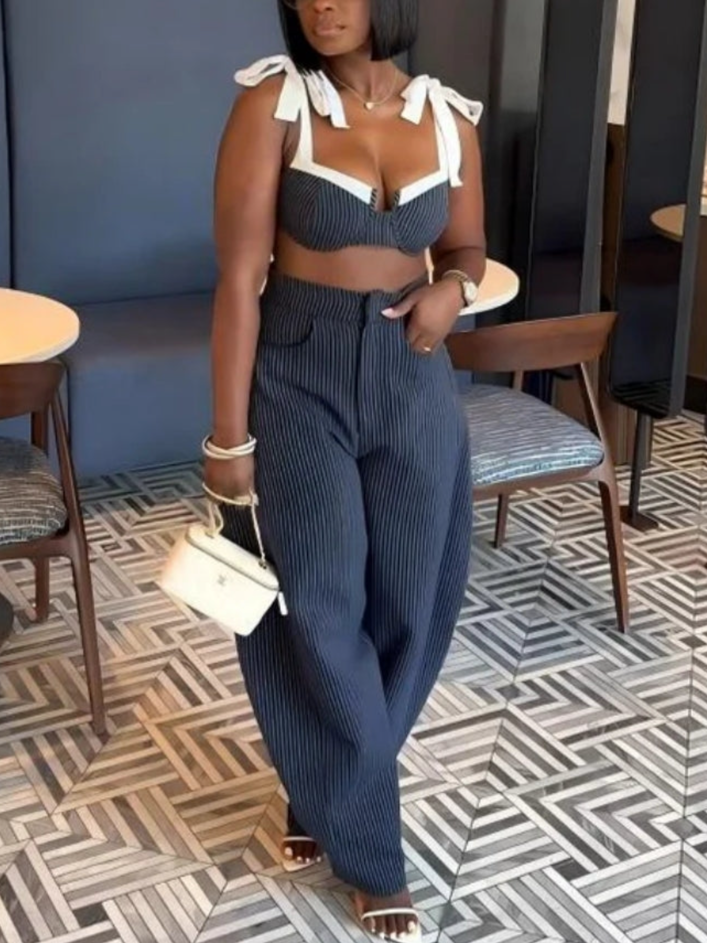 Chic Retro Striped Wide Leg Pants Set