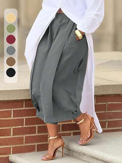 Casual Wine Red Wide Leg Pants With Elastic Waist And Pockets