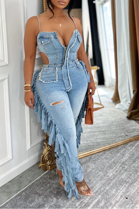 Fringed Denim Jumpsuit