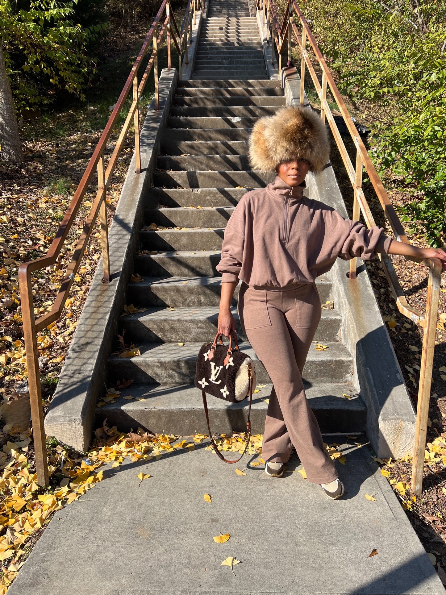 Brown Genuine Leather & Fox Fur Trapper Hat