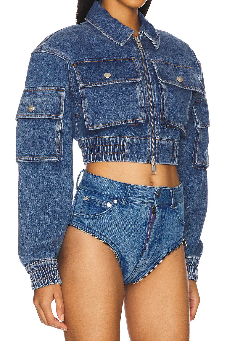 Cropped Denim Bomber Jacket