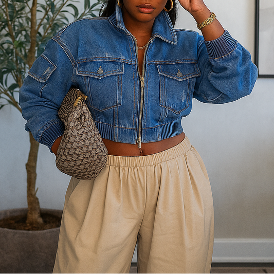 Cropped Denim Bomber Jacket