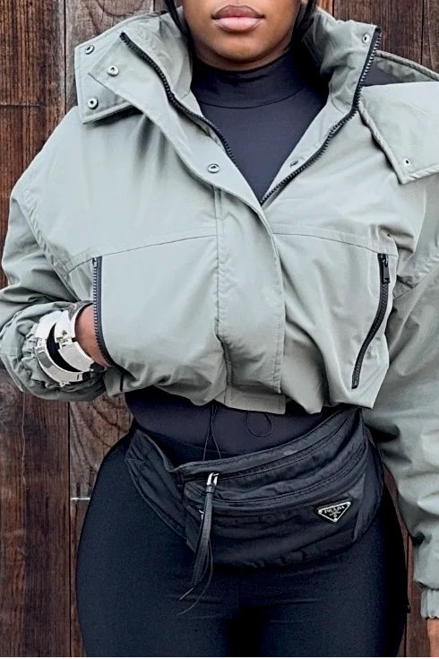 Sleeve Utility Pocket Cropped Bomber Jacket