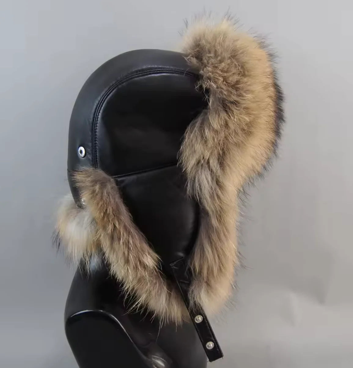 Brown Genuine Leather & Fox Fur Trapper Hat