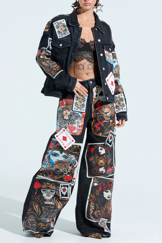 QUEEN OF HEARTS PRINTED AND EMBELLISHED DENIM PANTS