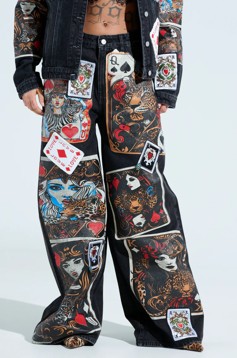 QUEEN OF HEARTS PRINTED AND EMBELLISHED DENIM PANTS