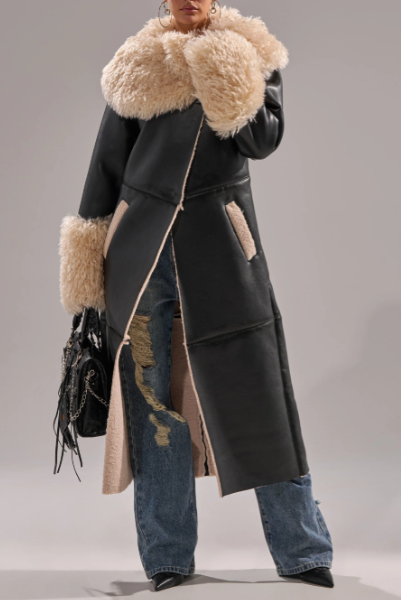 Fluffy Oversized Neck Faux Fur Trim Snap Front Faux Leather Trench Jacket