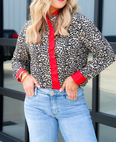 Looking Back Red And Animal Print Long Sleeve Top