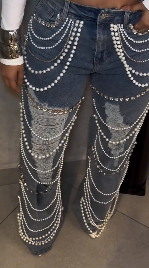 Pearl and rhinestone beaded jeans