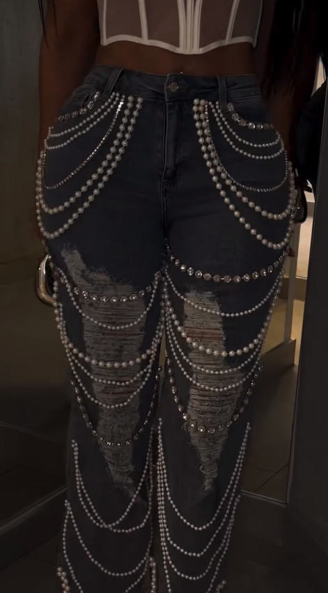 Pearl and rhinestone beaded jeans
