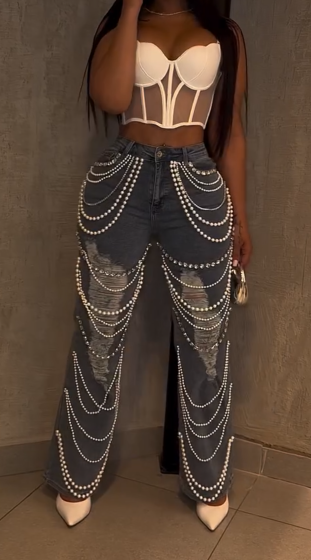 Pearl and rhinestone beaded jeans