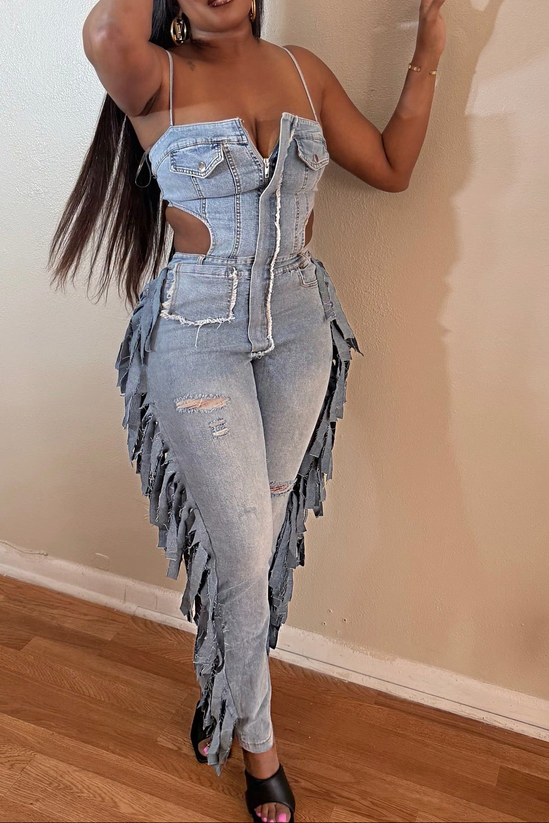 Fringed Denim Jumpsuit