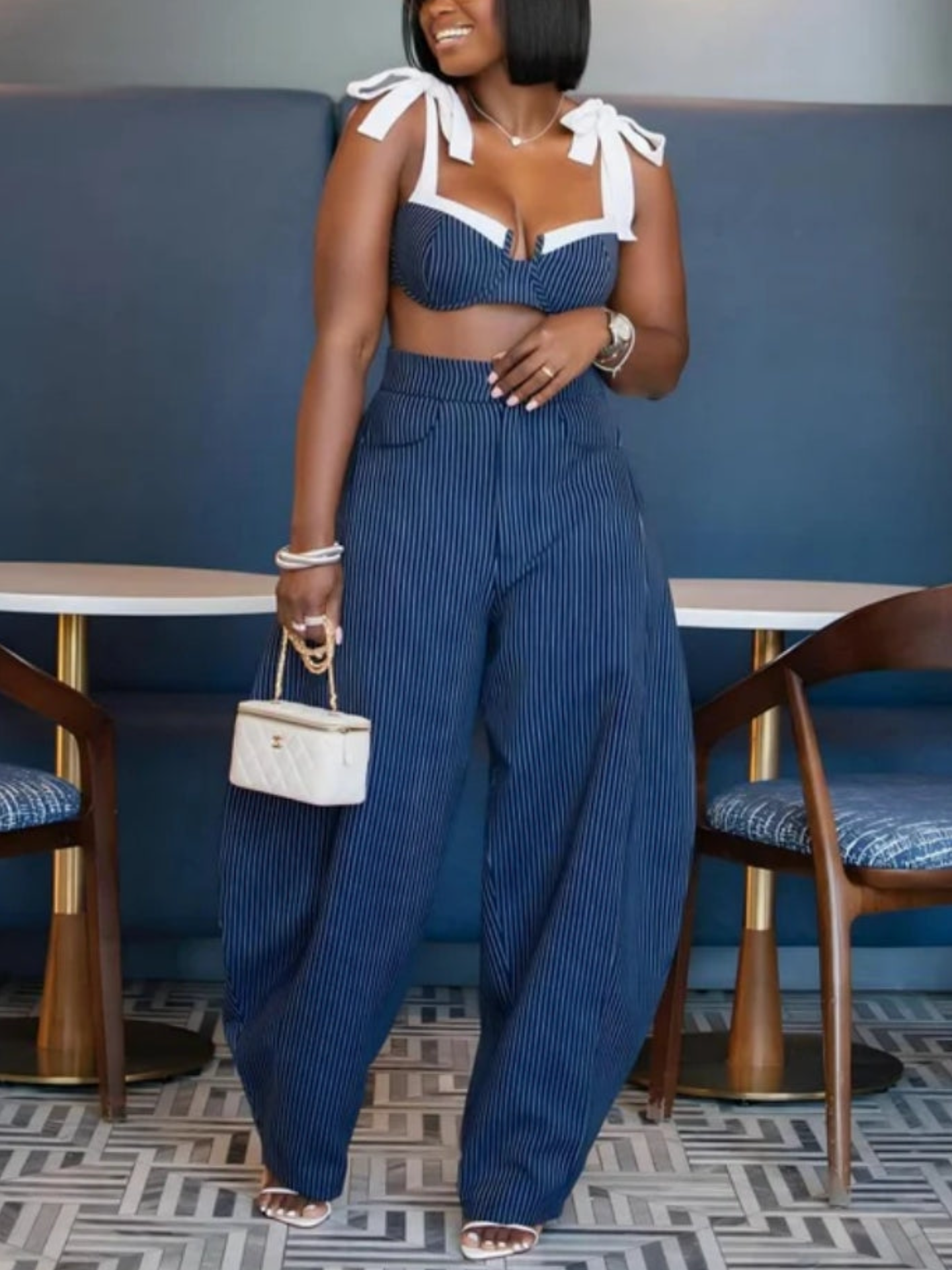 Chic Retro Striped Wide Leg Pants Set