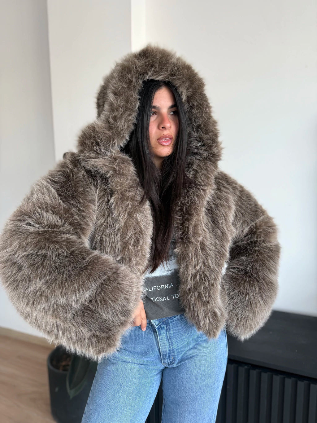 HOODED FAUX FUR JACKET