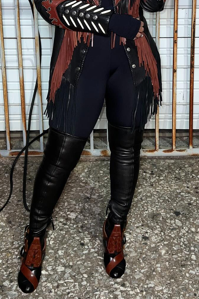 Runway brown belt buckle thigh high boots