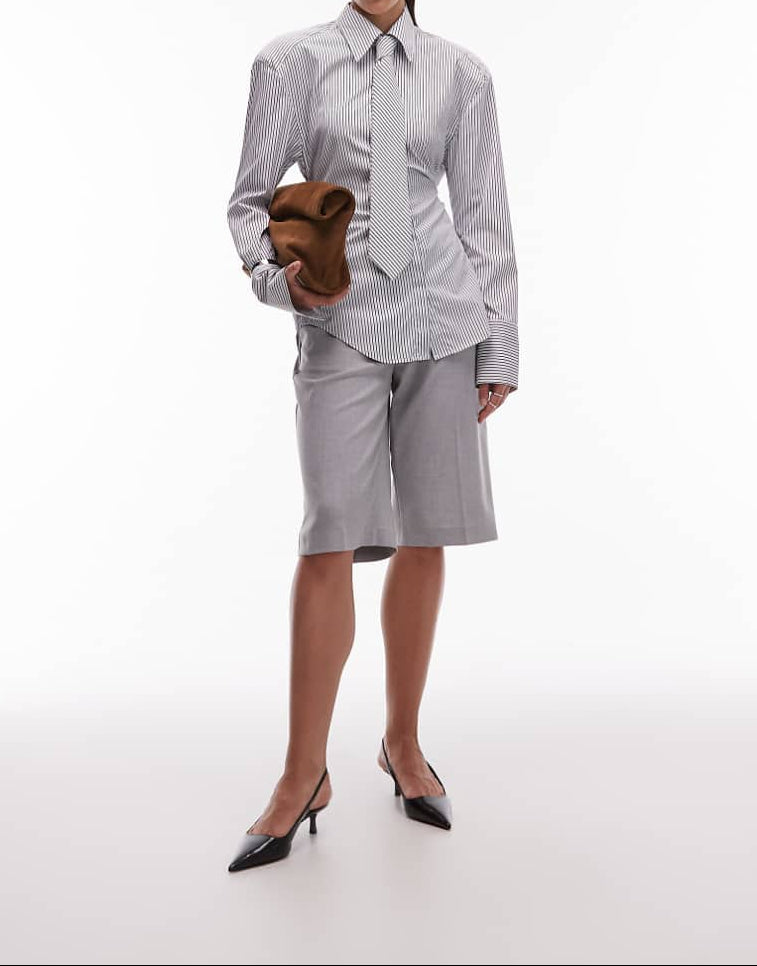 DESIGN Cinched Shoulder Pads Shirt With Tie In Black Pinstripe