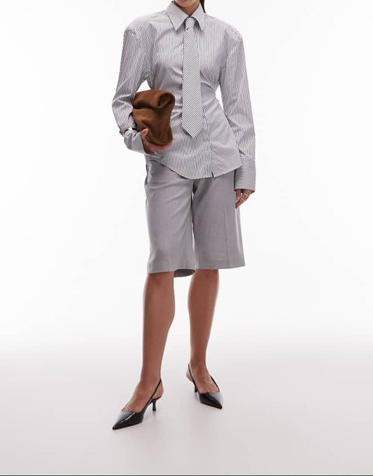 DESIGN Cinched Shoulder Pads Shirt With Tie In Black Pinstripe