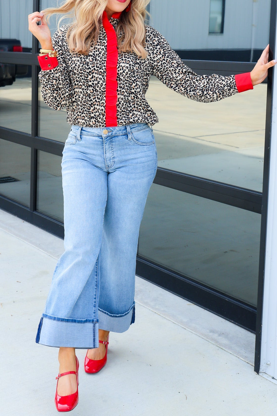 Looking Back Red And Animal Print Long Sleeve Top