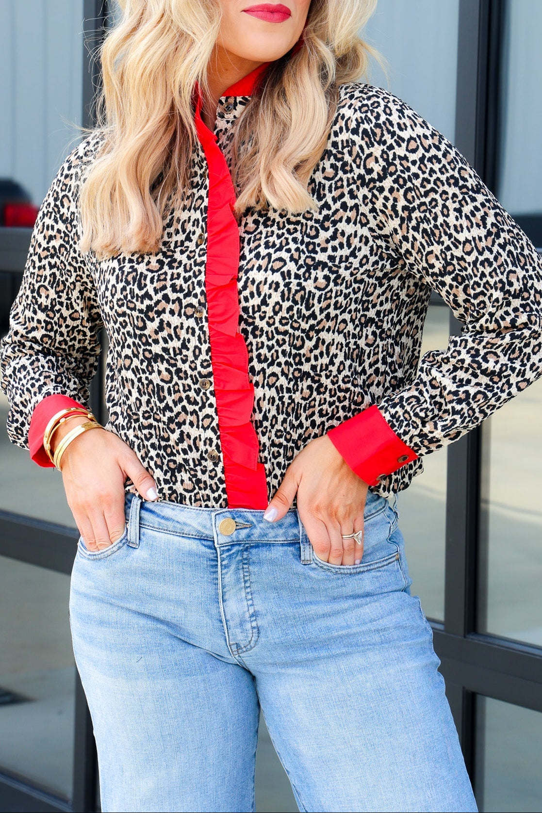Looking Back Red And Animal Print Long Sleeve Top