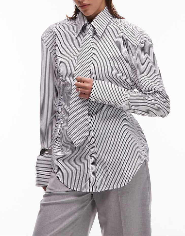 DESIGN Cinched Shoulder Pads Shirt With Tie In Black Pinstripe