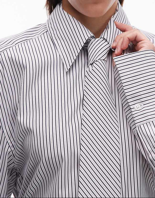 DESIGN Cinched Shoulder Pads Shirt With Tie In Black Pinstripe